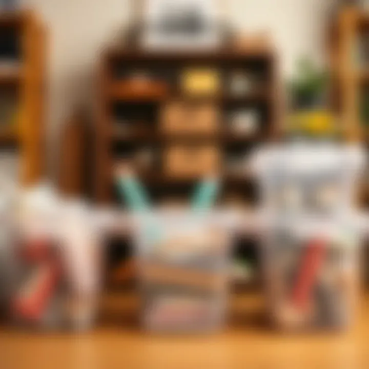 A DIY enthusiast utilizing clear storage bins for craft organization.