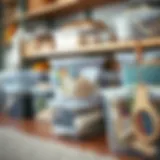 A well-organized space featuring clear storage bins filled with various items.