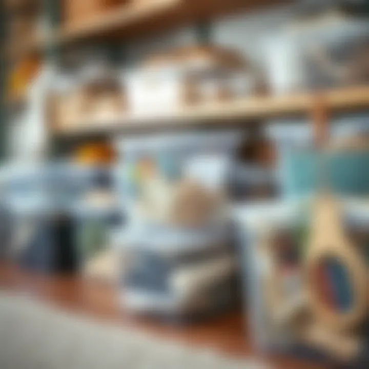 A well-organized space featuring clear storage bins filled with various items.