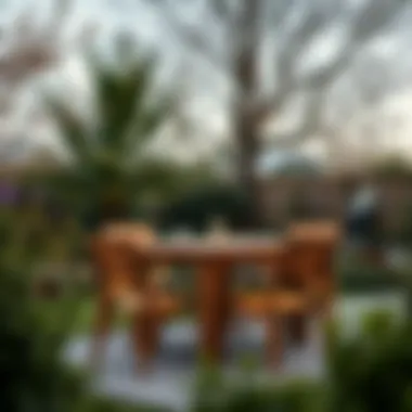 Durable wooden outdoor table and chairs set in a garden