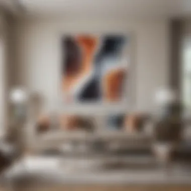 A striking oversized wall frame showcasing abstract art in a contemporary living room