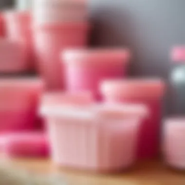 Close-up of pink plastic containers showcasing design details