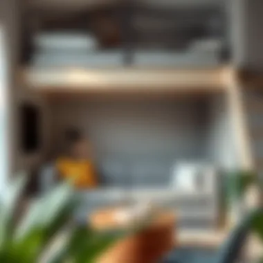 Cozy reading nook created under a queen size loft bed with couch