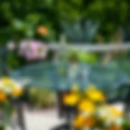Elegant round glass table set in a lush garden
