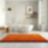 A beautifully arranged rust colored bathroom rug set against a neutral tile floor