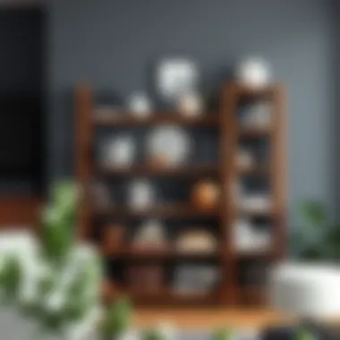 Functional wooden storage rack filled with books and decor