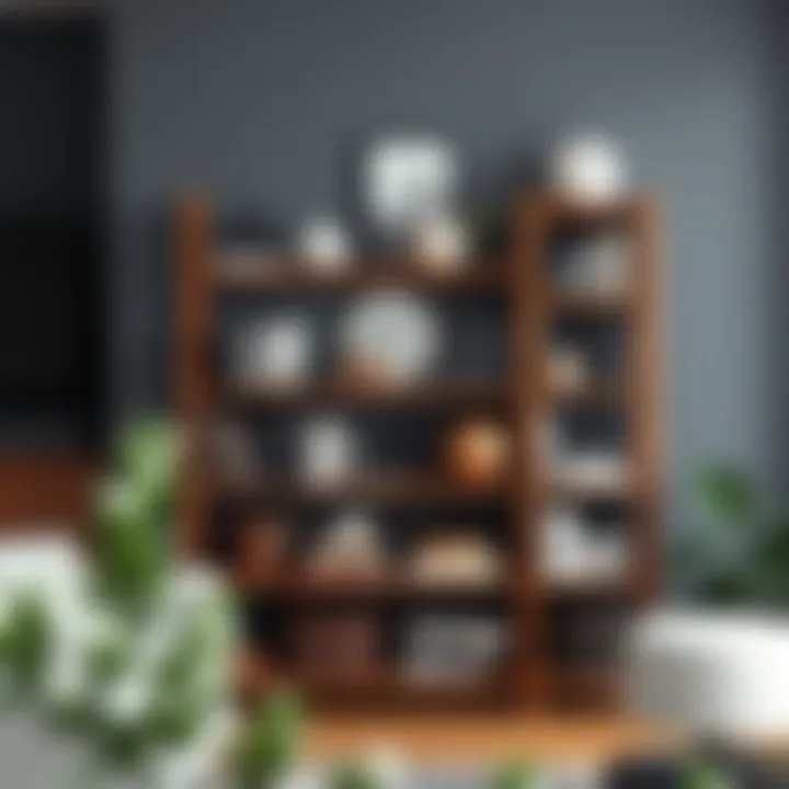 Functional wooden storage rack filled with books and decor