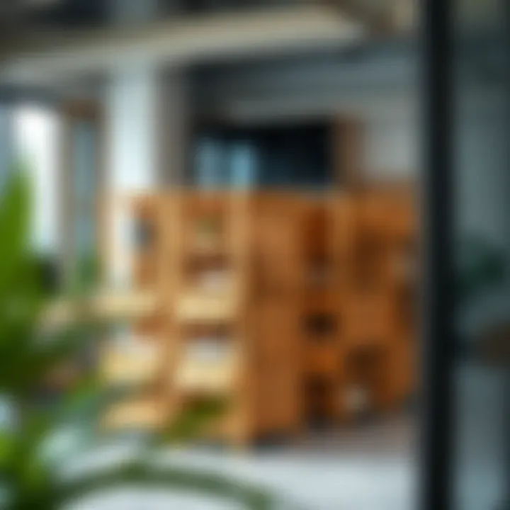 Diverse styles of wooden storage racks in a modern office