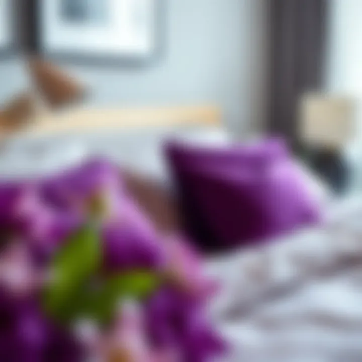 Modern Bedroom Decor with Purple Pillows Stylish purple throw pillows used in a modern bedroom decor