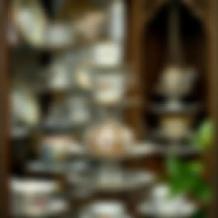 Vintage teacup and saucer display stand showcasing intricate designs