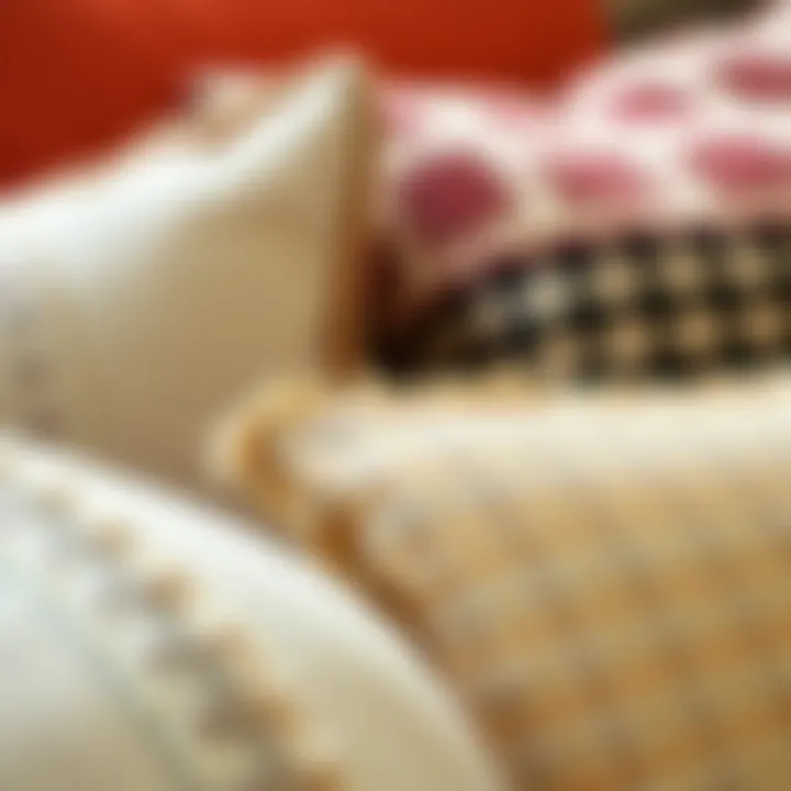 Close-up of textured throw pillows emphasizing different fabric choices and designs.