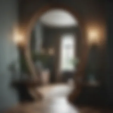 Elegant hallway showcasing a large oval mirror with unique frame