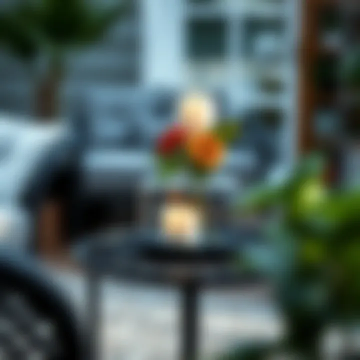 Black Metal Patio End Table with Centerpiece Black metal patio end table with a decorative centerpiece