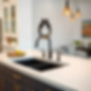 Stylish black sink contrasting with white countertops and cabinetry