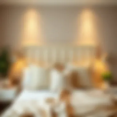 Cozy bedroom setup featuring a cream upholstered headboard with decorative pillows