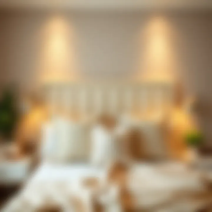 Cozy bedroom setup featuring a cream upholstered headboard with decorative pillows