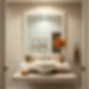 Contemporary bathroom featuring a distressed white mirror with modern decor