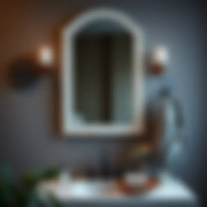 Stylish placement of a distressed white mirror that complements bathroom decor