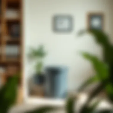 Organized home office with strategically placed trash bin