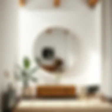 Floating round mirror enhancing natural light in a bright interior