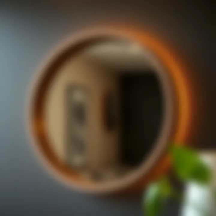 Close-up of a stylish round mirror showcasing its unique frame design