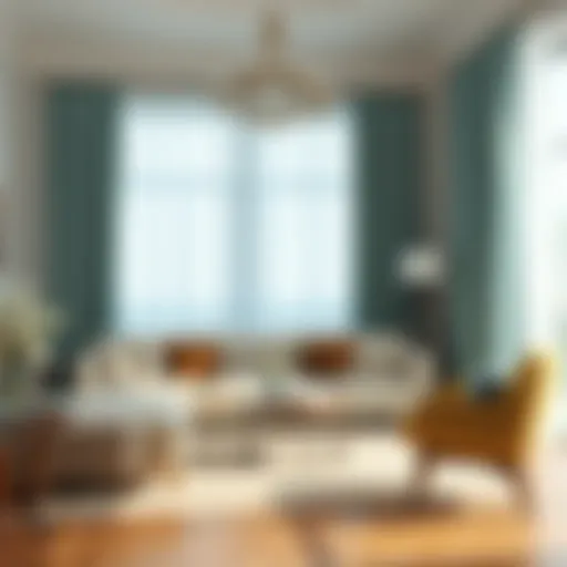 Elegant living room featuring light teal curtains