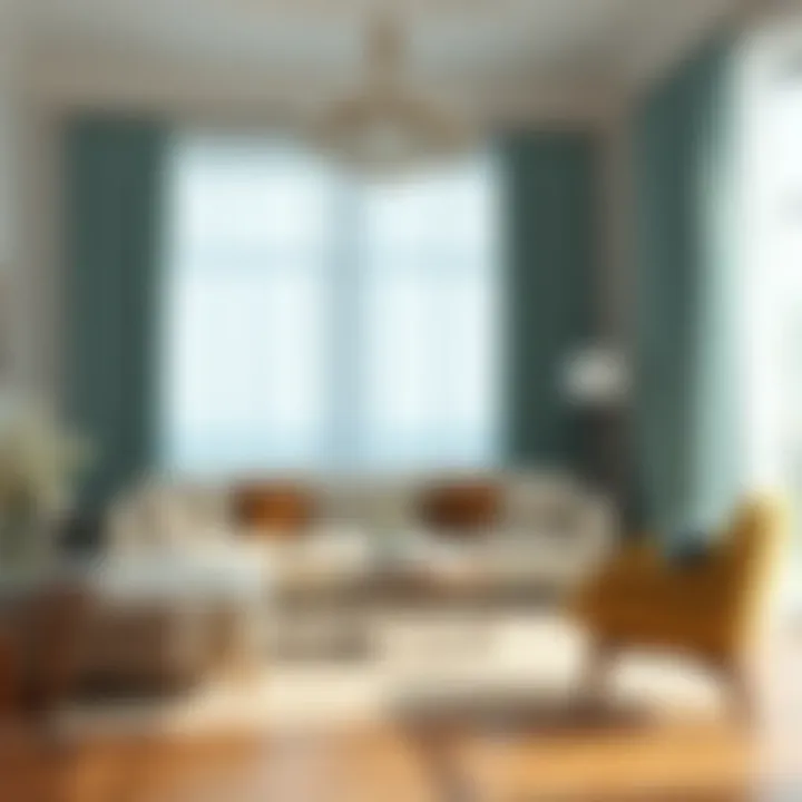 Elegant living room featuring light teal curtains