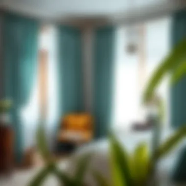 Stylish Bedroom Featuring Light Teal Curtains Stylish bedroom with light teal curtains and decor