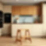 Elegant wooden step stool placed against a modern kitchen backdrop