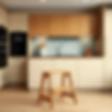 Elegant wooden step stool placed against a modern kitchen backdrop