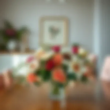 Elegant Centerpiece of Artificial Blooms on Dining Table Elegant dining table centerpiece featuring an assortment of artificial blooms