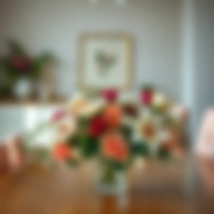 Elegant Centerpiece of Artificial Blooms on Dining Table Elegant dining table centerpiece featuring an assortment of artificial blooms