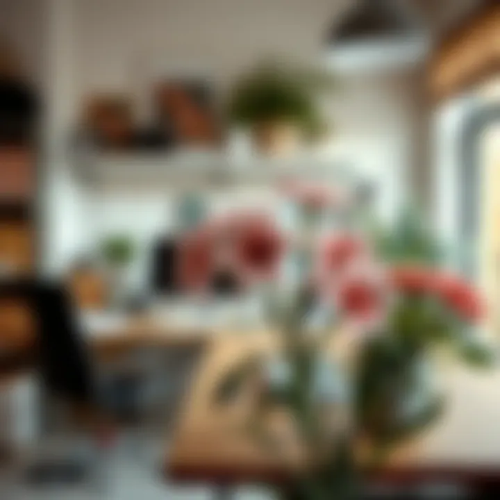 Tasteful Artificial Flower Decor in a Workspace Stylish workspace adorned with tasteful artificial flower decor