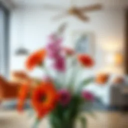 A vibrant arrangement of artificial flowers in a modern living room setting