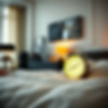 Modern bedroom featuring a lighted analog alarm clock as decor