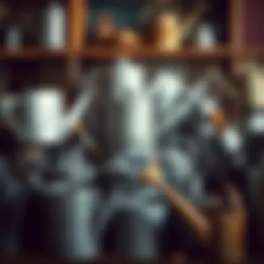 Diverse Collection of Tin Watering Cans Artistic display of various small tin watering cans