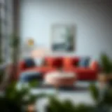 A beautifully styled living room featuring a modern sofa and a complementary foot stool.