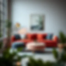 A beautifully styled living room featuring a modern sofa and a complementary foot stool.