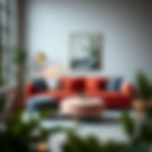 A beautifully styled living room featuring a modern sofa and a complementary foot stool.