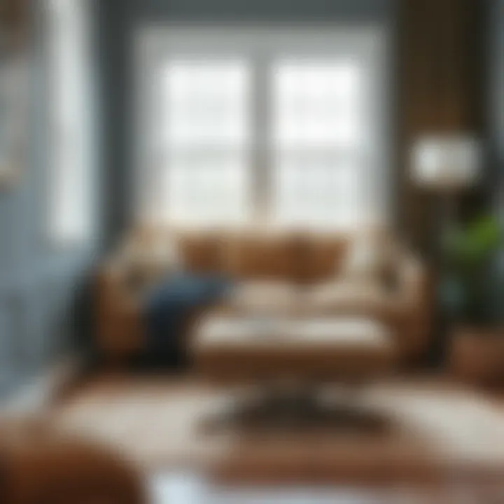 A cozy reading nook with a sofa and foot stool, emphasizing comfort and relaxation.