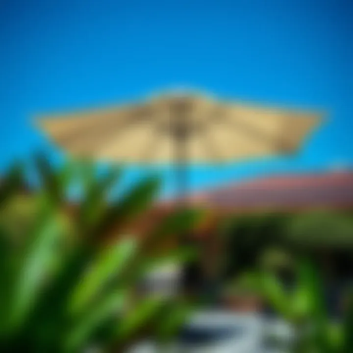 Elegant Patio Umbrella Design A beautifully designed patio umbrella providing shade over a stylish outdoor dining area.