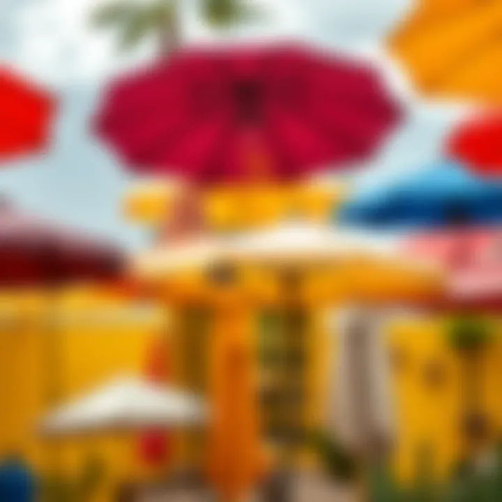 Diverse Umbrella Collection An assortment of umbrellas showcasing different materials and colors arranged in a vibrant outdoor setting.