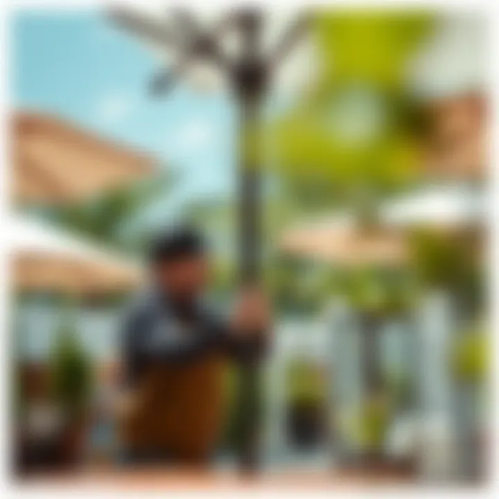 Umbrella Maintenance Practices A person carefully maintaining an outdoor umbrella, highlighting the importance of upkeep and care.