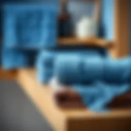 Elegant display of blue bath towels folded neatly on a wooden shelf