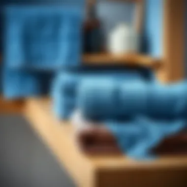 Elegant display of blue bath towels folded neatly on a wooden shelf
