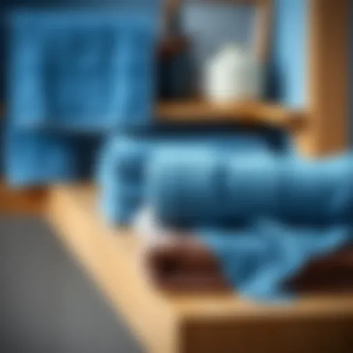 Elegant display of blue bath towels folded neatly on a wooden shelf