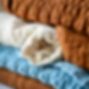 Close-up of soft textures of blue and brown bath towels showcasing quality