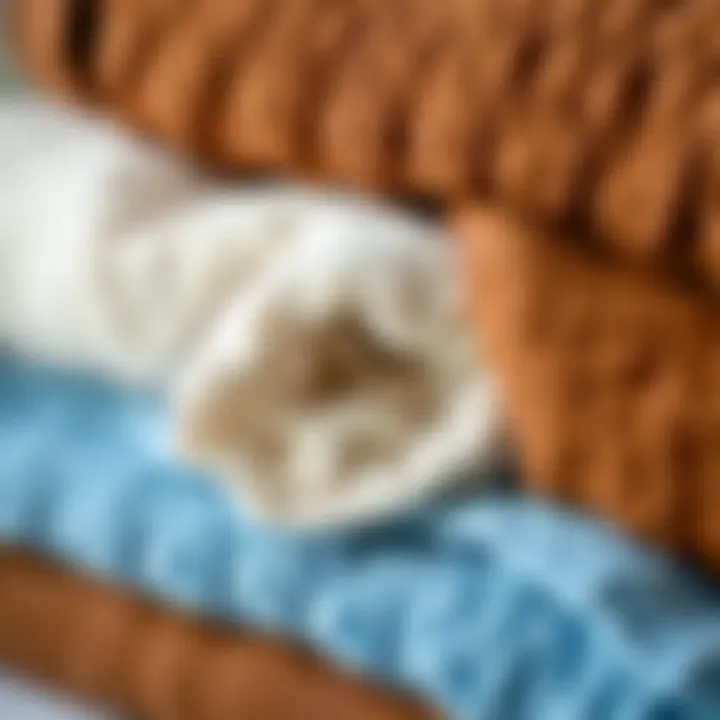 Close-up of soft textures of blue and brown bath towels showcasing quality