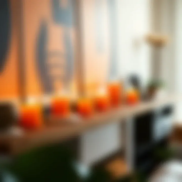 Creative Display of Orange Votive Holders on Decorative Shelf Artistic arrangement of orange votive holders on a shelf