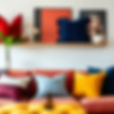 A mood board displaying various color palettes and styles for throw pillows in home decor.